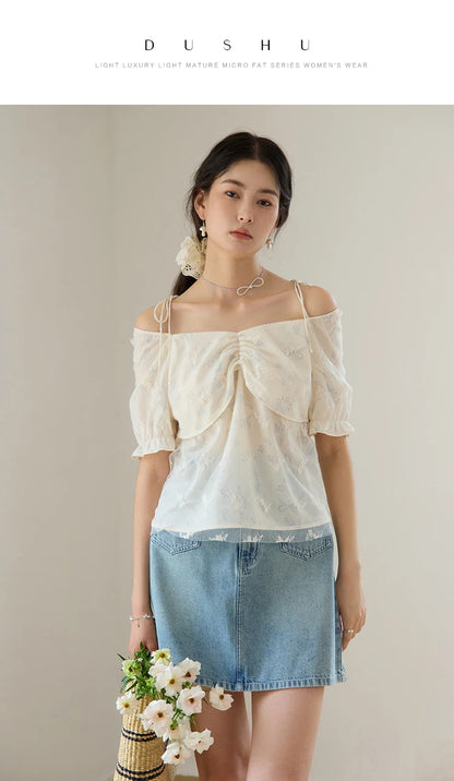 Beige Floral Chiffon Blouse & Detachable Brooch