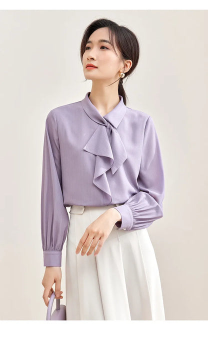 Elegant Bow Neck Chiffon Blouse & Long Sleeve Top