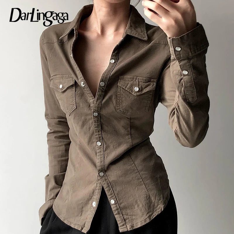 Cargo Style Denim Button-Up Shirt with Pockets