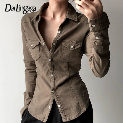 Cargo Style Denim Button-Up Shirt with Pockets