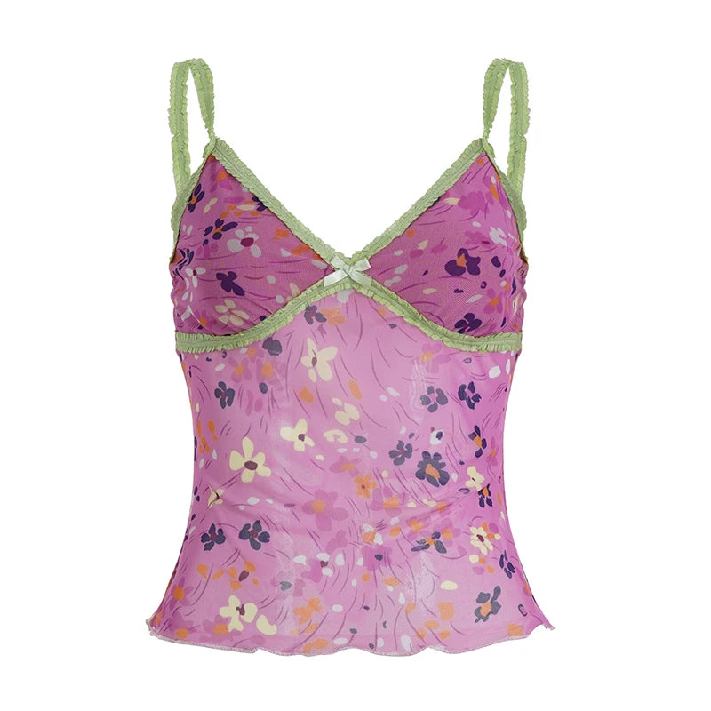Floral V-Neck Bow Camisole with Contrast Trim