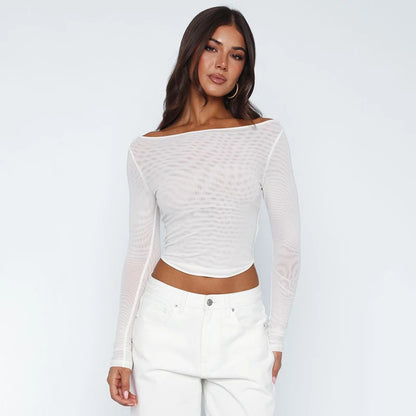 See-Through One Shoulder Mesh Pullover Top