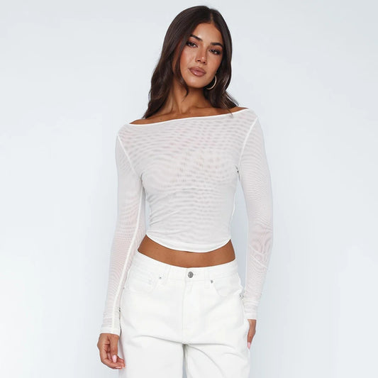 See-Through One Shoulder Mesh Pullover Top