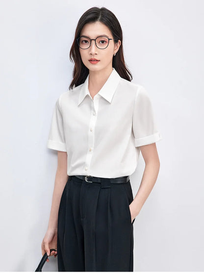 Simple Turn Down Collar Short Sleeve Blouse