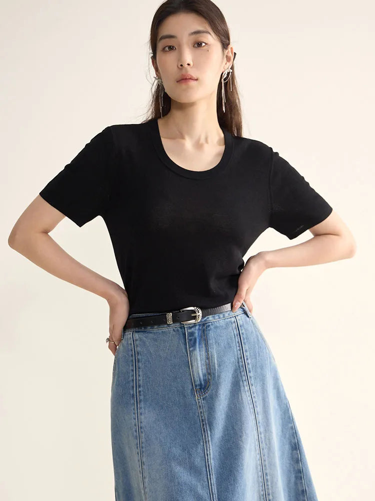 Casual Round Neck Knit T-shirt & Solid Tees