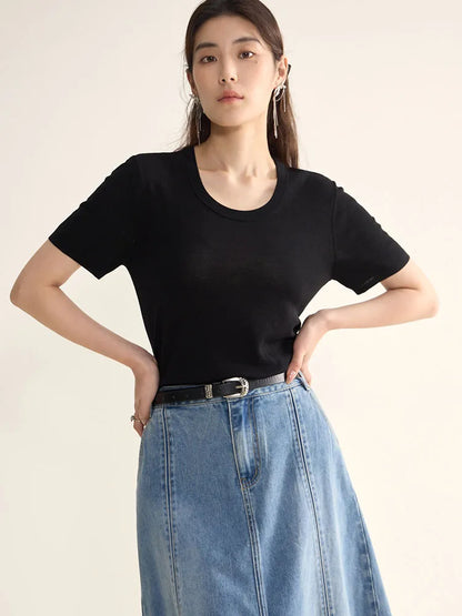Casual Round Neck Knit T-shirt & Solid Tees