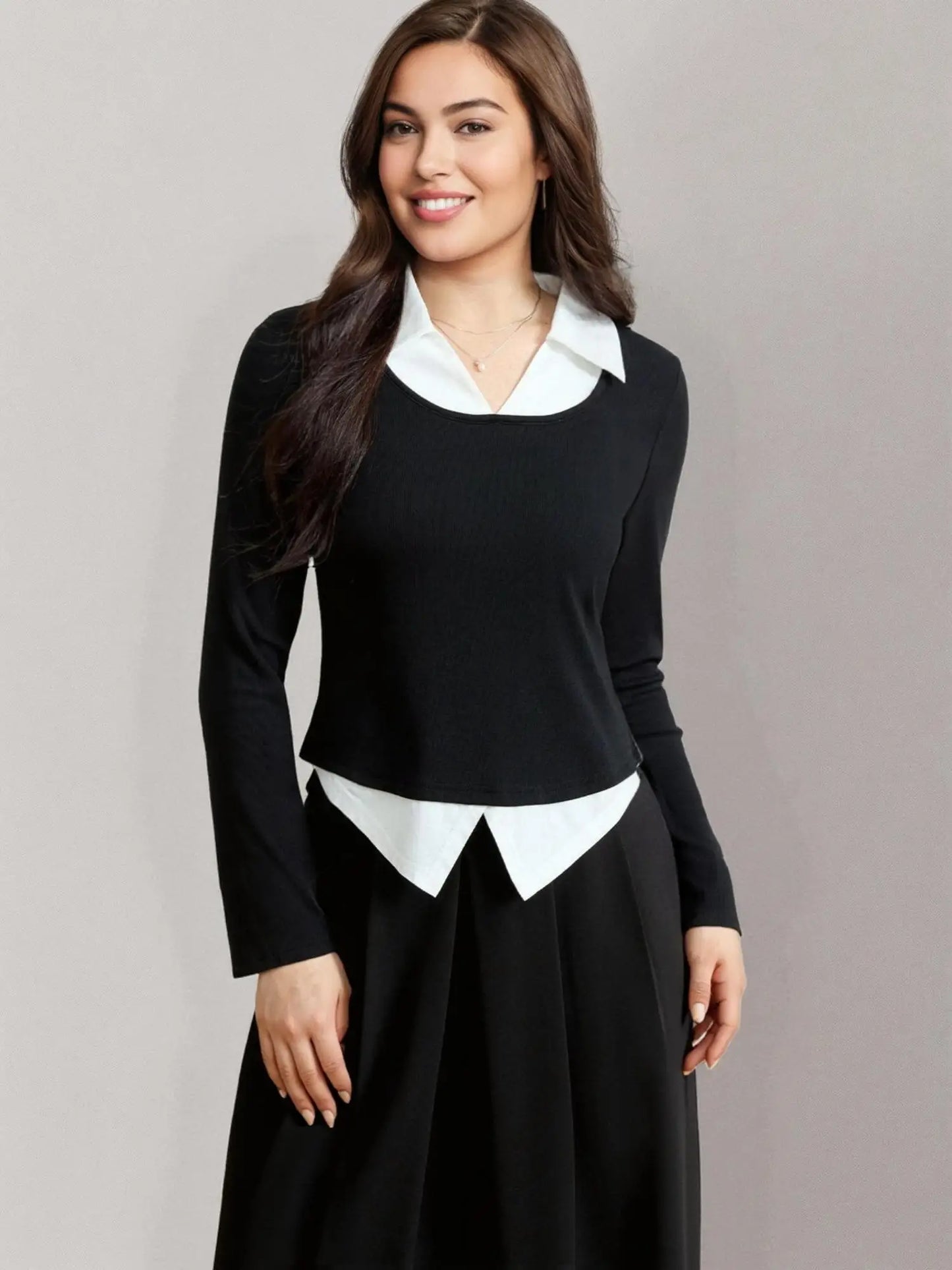 Contrasting Color Long Sleeve Knit Top & T-Shirt