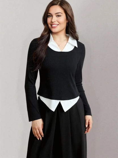 Contrasting Color Long Sleeve Knit Top & T-Shirt