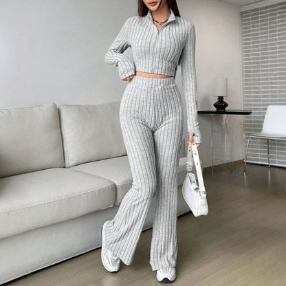 Zipper Long Sleeve Stand Collar Crop Top & High Waist Ankle Bell-Bottoms Set
