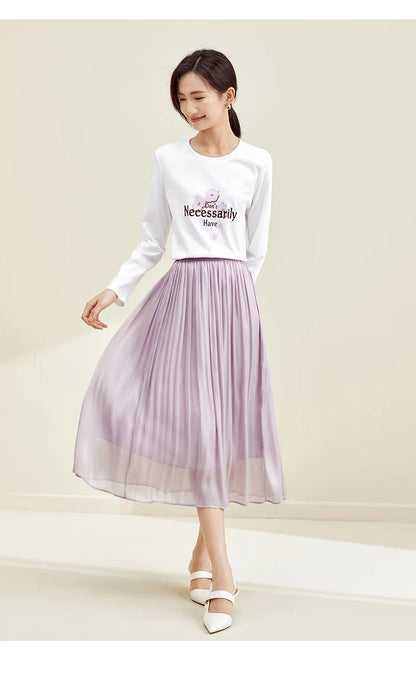 Elegant A-line Midi Skirt & Print Knit T-shirt Set