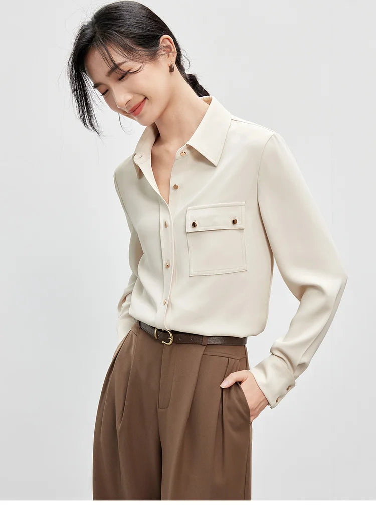 Solid Long Sleeve Turn Down Collar Shirt & Pocket