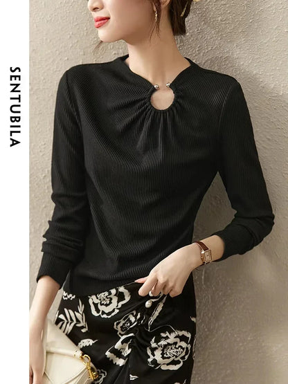 Cut Out Gathered Round Neck Long Sleeve T-shirt