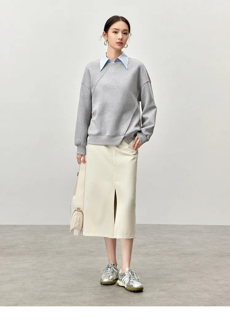 Irregular Drop Long Sleeve Cotton Knit Pullover