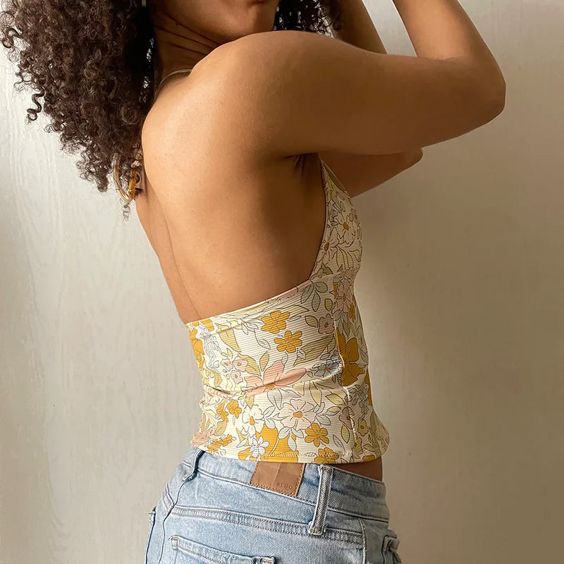 V-Neck Floral Halter Top & Casual Slim Fit Design