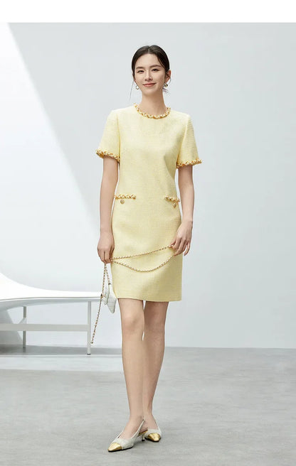 Tweed Short Sleeve Dress with Contrast Neckline