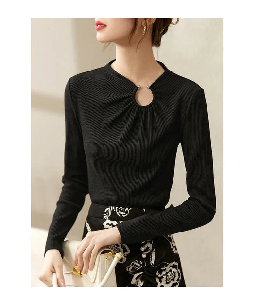 Cut Out Gathered Round Neck Long Sleeve T-shirt