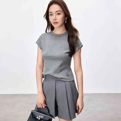Solid Knitted Crewneck Short Sleeve Embroidery Top