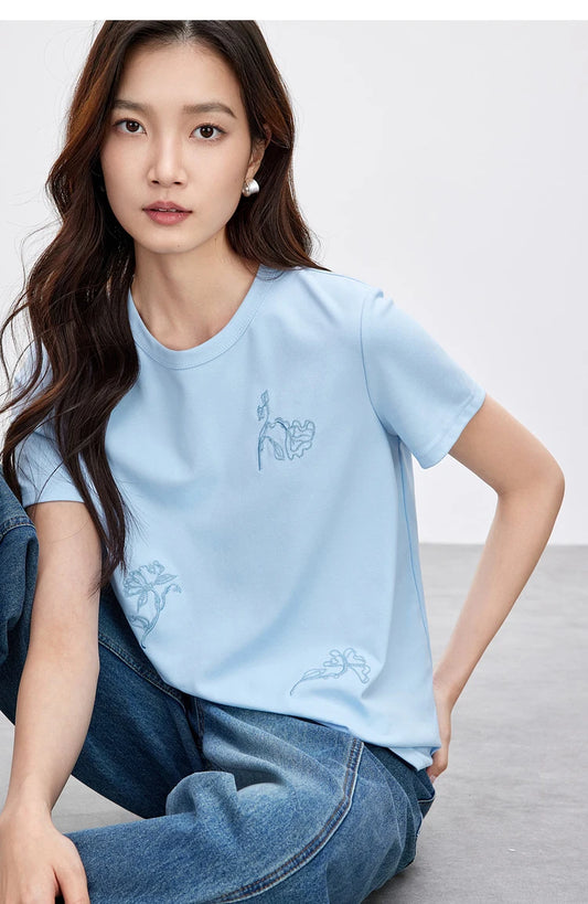 Embroidered Round Neck Short Sleeve Casual T-shirt