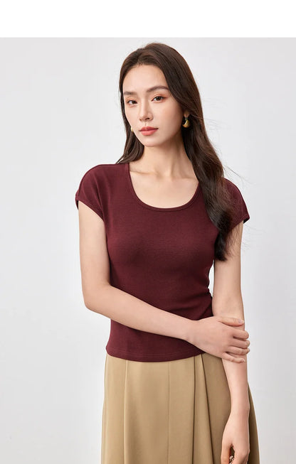 Slim Fit U Collar Short Sleeve Knit Top