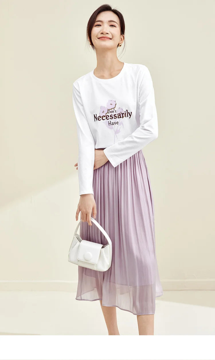 Elegant A-line Midi Skirt & Print Knit T-shirt Set