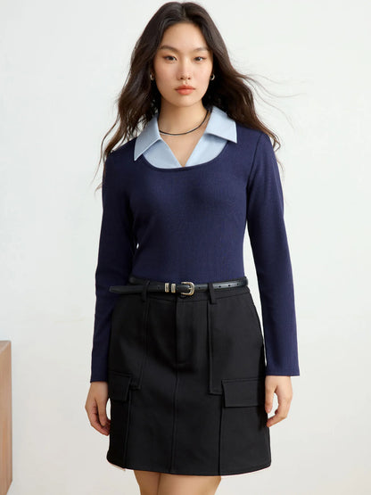 Contrasting Color Long Sleeve Knit Top & T-Shirt