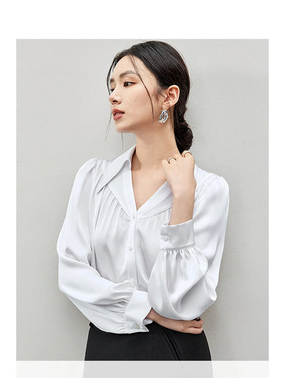 Elegant Loose Lapel Satin Long Sleeve Blouse