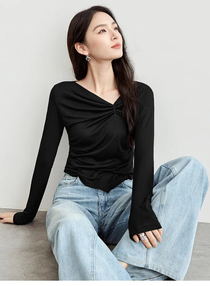 Irregular Knitted Long Sleeve Skew Collar Pullover