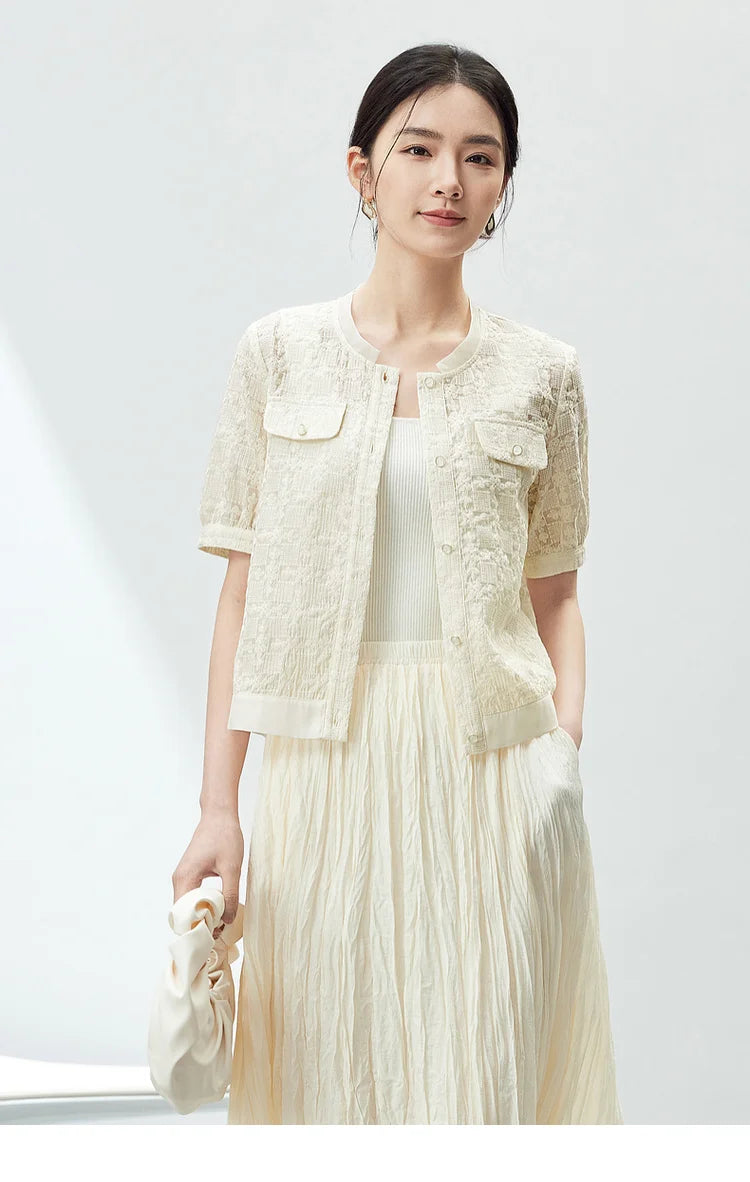 Elegant Tweed Cropped Coat with Round Neck & Short Sleeves