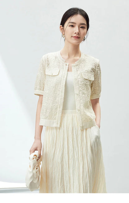 Elegant Tweed Cropped Coat with Round Neck & Short Sleeves