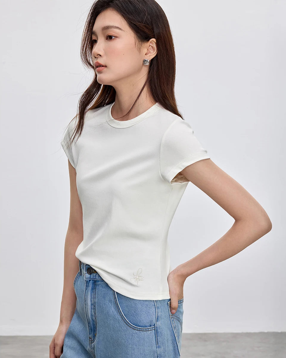 Solid Knitted Crewneck Short Sleeve Embroidery Top