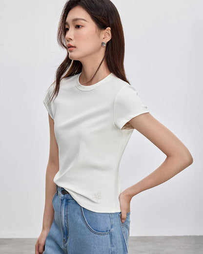 Solid Knitted Crewneck Short Sleeve Embroidery Top