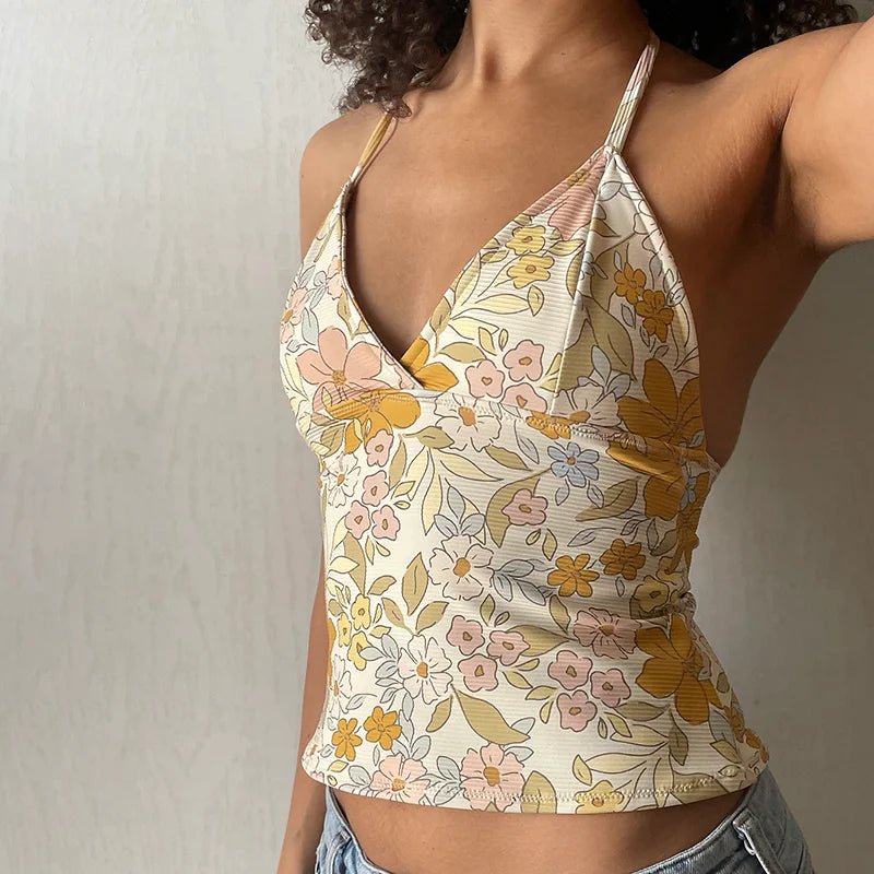 V-Neck Floral Halter Top & Casual Slim Fit Design