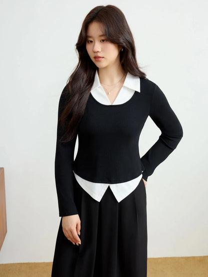 Contrasting Color Long Sleeve Knit Top & T-Shirt