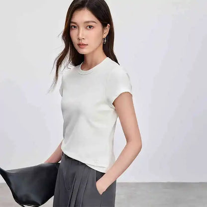 Solid Knitted Crewneck Short Sleeve Embroidery Top