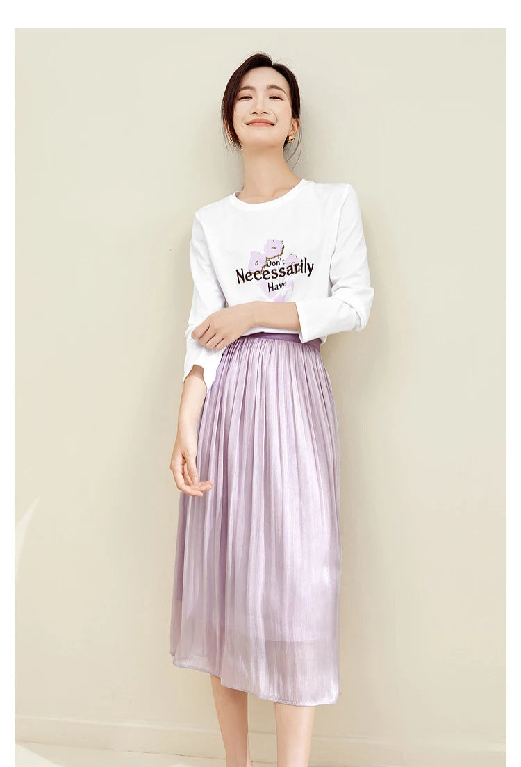 Elegant A-line Midi Skirt & Print Knit T-shirt Set