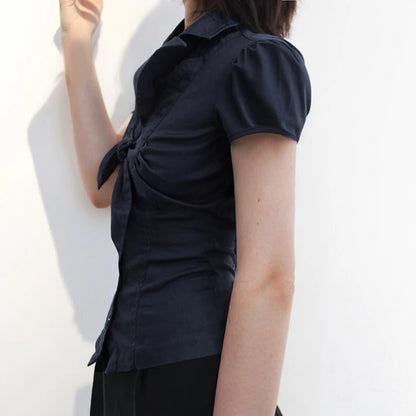 Puff Sleeve Bow Tie Blouse with Big Buttons