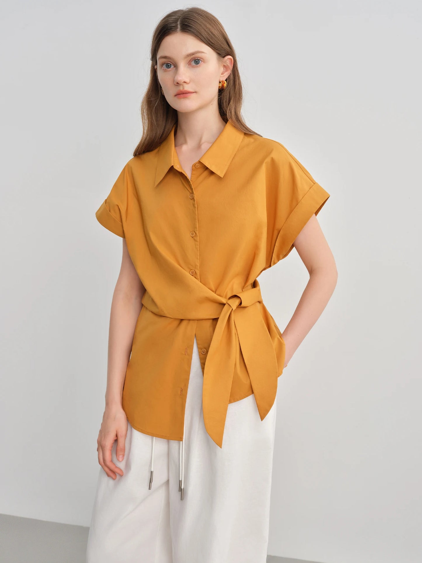 Buckle Short Sleeve Blouse & Fitted Waist Shirt