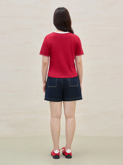 Vintage Contrast-Stitch Round Neck Tee & Relaxed Fit