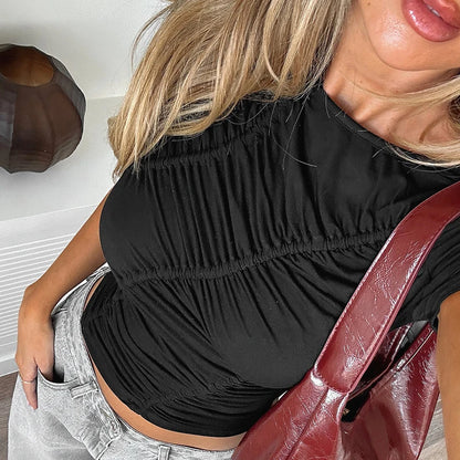 Solid Color Round Neck Ruched T-Shirt Top