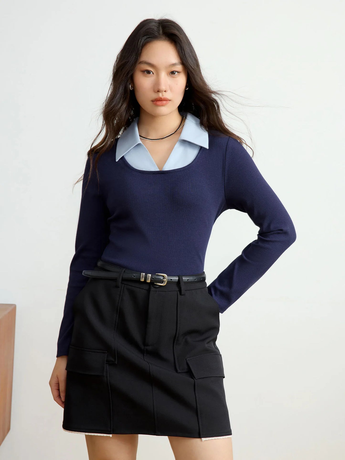 Contrasting Color Long Sleeve Knit Top & T-Shirt