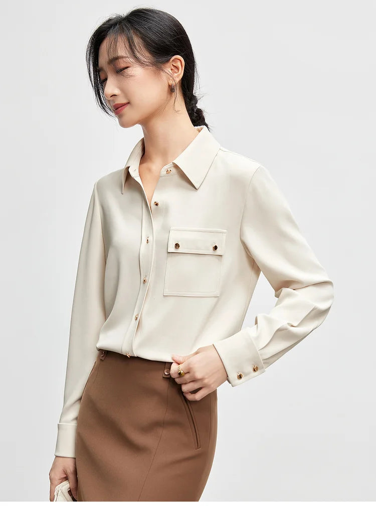 Solid Long Sleeve Turn Down Collar Shirt & Pocket