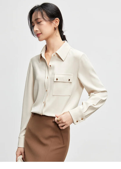 Solid Long Sleeve Turn Down Collar Shirt & Pocket