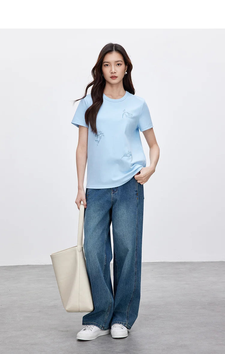 Embroidered Round Neck Short Sleeve Casual T-shirt