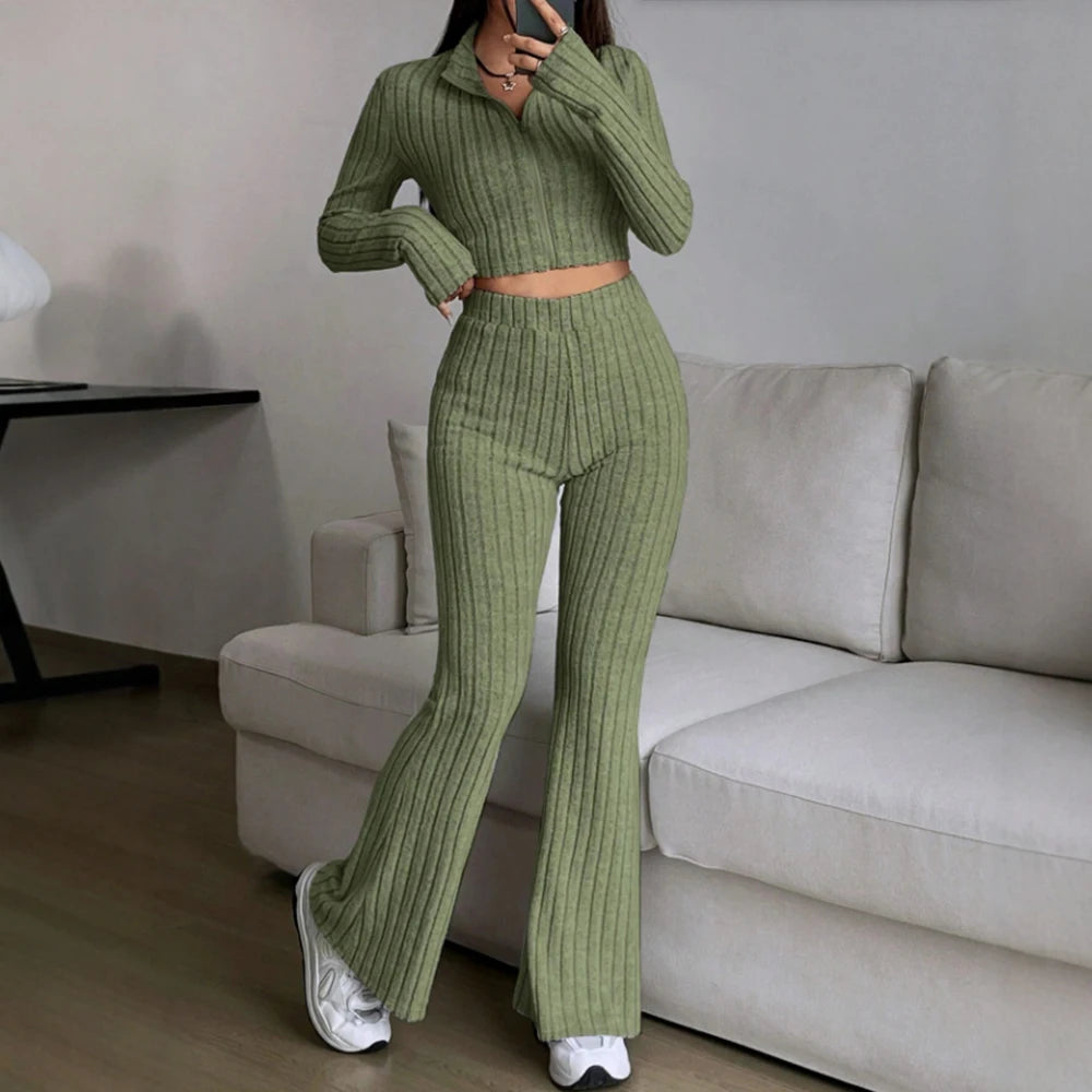 Zipper Long Sleeve Stand Collar Crop Top & High Waist Ankle Bell-Bottoms Set