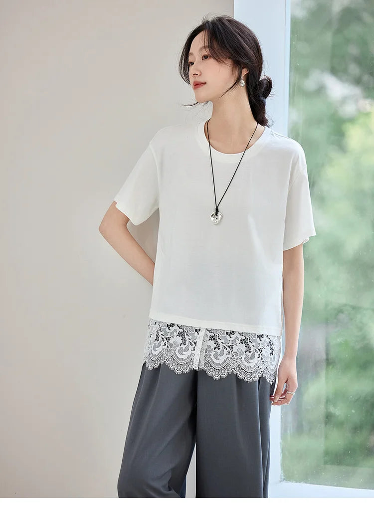 Lace Slit Loose Fit O Neck T-shirt & Tee