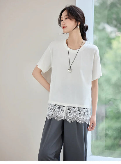 Lace Slit Loose Fit O Neck T-shirt & Tee