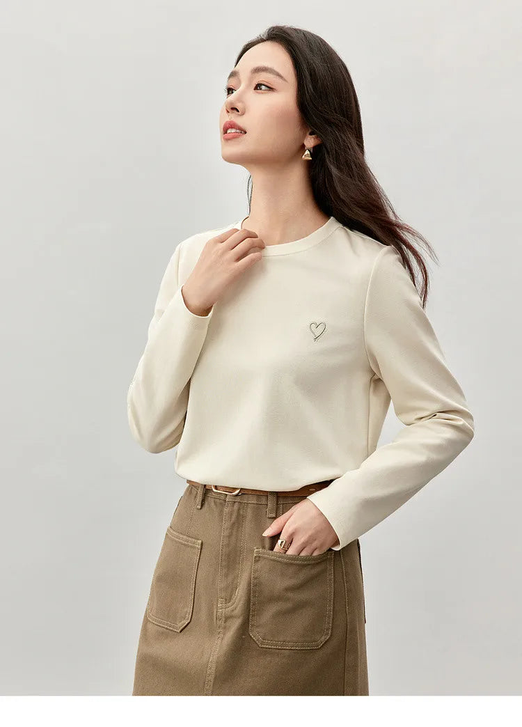 Solid Embroidery Crew Neck Long Sleeve T-shirt