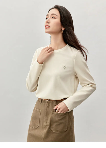 Solid Embroidery Crew Neck Long Sleeve T-shirt