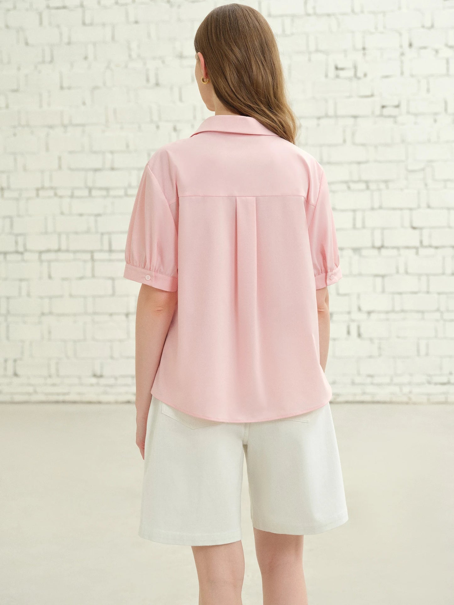 Asymmetrical Hem Pleated Short-Sleeved Shirt
