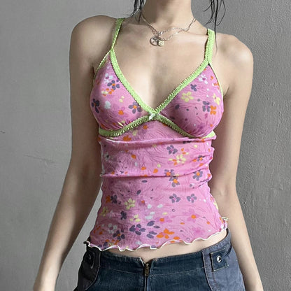 Floral V-Neck Bow Camisole with Contrast Trim